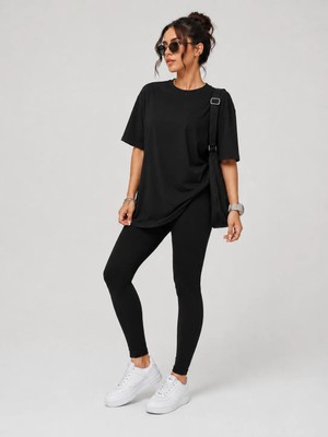 Mügerella %100 Pamuk Oversize Kalıp Bisiklet Yaka Tişört / T-Shirt ve Toparlayacı Mikro Fiber Likralı Dar Paça Tayt Bir Arada