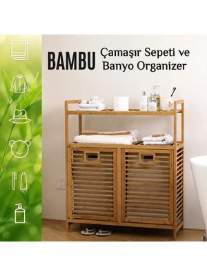 Go İthalat Kalın Ahşap Bambu 2 Katlı 2 Bölmeli Raflı Önden Çek Aç Kirli Çamaşır Sepeti Banyo Organizeri 80x33x87 cm.