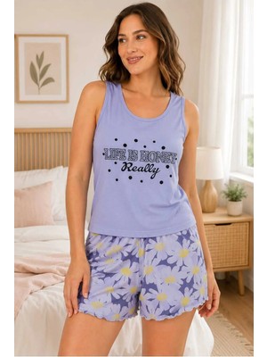 Tenra Kadın Şortlu Pijama Takımı Askılı Üst Desenli Şort Yazlık Ev Giyim