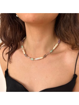 Suerte Accessories Tımbıl Ametist Pembe Kuvars Amazonit Doğal Taş Barok Inci Özel Tasarım Kadın Kolye