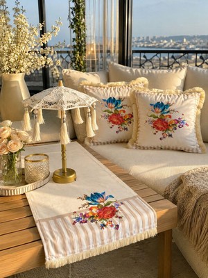 Missidea  Naturel Şarjlı Ledli Dekaratif Bali Şemsiyesi  Vintage Çiçek Desenli  Seti (Şajlı Şemsiye+Runner ve 2\\\'li Kırlent Kılıfı)