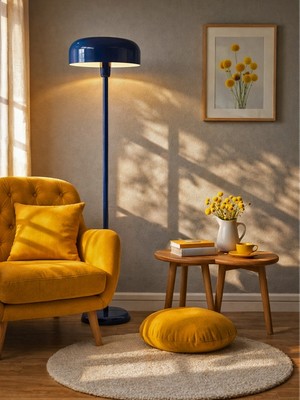 Noonlux Design & Lighting Chester Kobalt Mavisi Rengi Lambader Oturma Odası Yatak Odası Krem Tekli Koltuk Köşesi Kitap