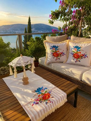 Missidea Naturel Ledsiz Dekaratif Bali Şemsiyesi ve  Vintage Çiçek Desenli Seti (Ledsiz Şemsiye+Runner ve 2\'li Kırlent Kılıfı)