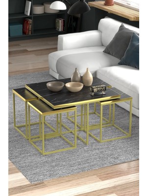 Quattro Home 5'li Mermer Desenli Siyah ve Gold Metal Ayaklı Sehpa Seti