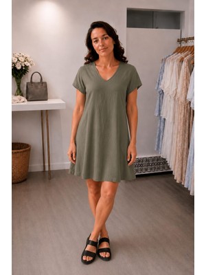 Mare Butik %100 Pamuk V Yaka Cepli Rahat Kesim Elbise Haki