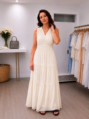 Mare Butik Akışkan Dokulu Beli Ayarlanabilir V Yaka Uzun Elbise Ekru