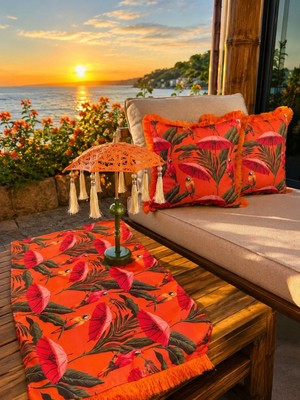 Missidea Flamingo Tropical El Yapımı Şarjlı Ledli  Bali Şemsiyesi Seti(Şajlı Şemsiye+Runner ve 2\'li Kırlent Kılıfı)