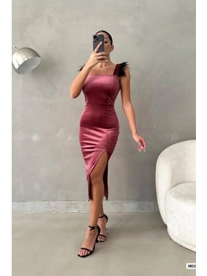 Semel Kadın Kadife Kumaş Kare Yaka Askılı Abiye Elbise