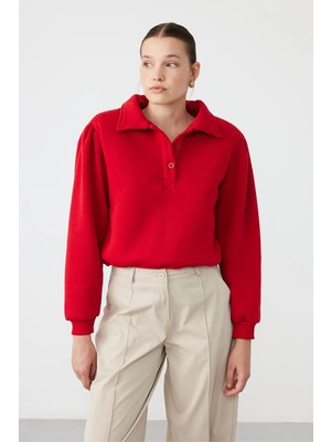 Facette Polo Yaka Zıbınlı Sweatshirt Kırmızı