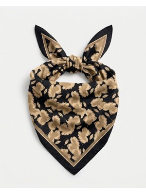 Nurfemina Şık Siyah Bej Çiçek Motifli - Twill Ipek Dokulu - Çok Amaçlı Kare Bandana Fular