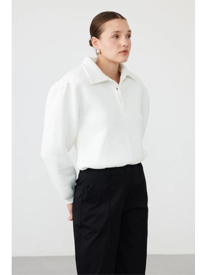 Facette Polo Yaka Zıbınlı Sweatshirt Ekru
