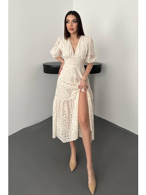 Moda Days Kadın Ekru Büzgü Detaylı Dantelli Brode Elbise