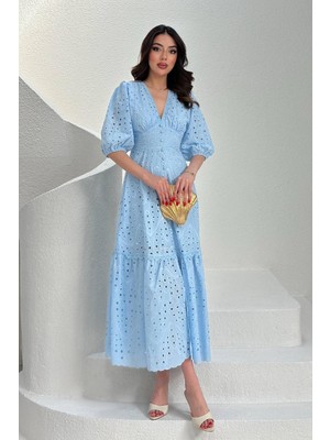 Moda Days Kadın Ekru Büzgü Detaylı Dantelli Brode Elbise