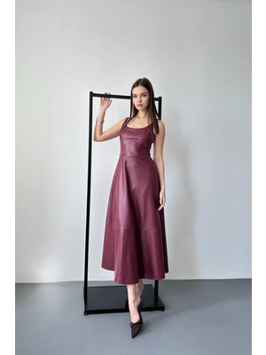 Moda Days Kadın Bordo Askılı Suni Deri Görünümlü Kare Yaka Bel Vurgulu Midi Elbise