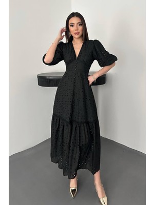 Moda Days Kadın Ekru Büzgü Detaylı Dantelli Brode Elbise