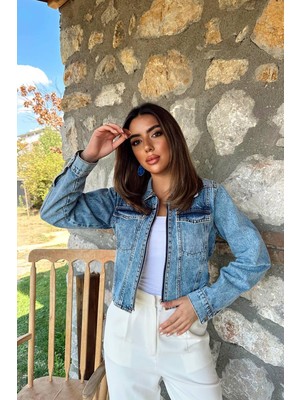 Moda Days Kadın Mavi Crop Kot Ceket Korse Görünümlü Fermuarlı Uzun Kollu