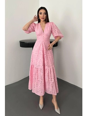 Moda Days Kadın Ekru Büzgü Detaylı Dantelli Brode Elbise
