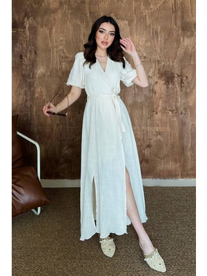 Moda Days Kadın Bej Kruvaze Yaka Kuşaklı Yırtmaçlı Kısa Kollu Müslin Maxi Elbise