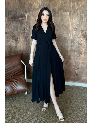 Moda Days Kadın Siyah Kruvaze Yaka Kuşaklı Yırtmaçlı Kısa Kollu Müslin Maxi Elbise