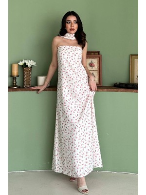Moda Days Kadın Beyaz Straplez Maxi Elbise Fularlı Çiçek Desenli A Kesim