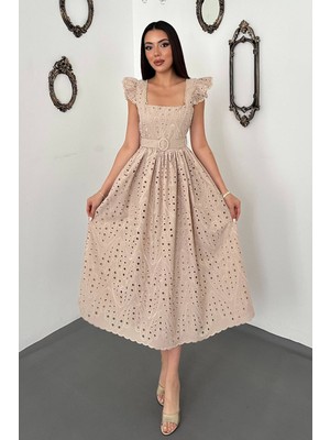 Moda Days Kadın Bej Brode Işlemeli Kare Yaka Fırfır Kollu Kemerli Midi Elbise