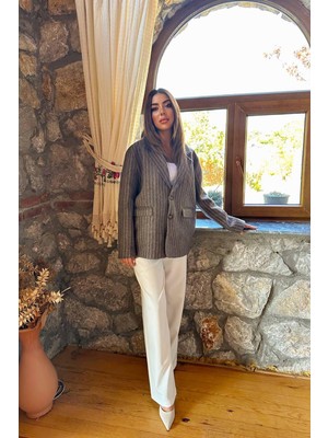 Moda Days Kadın Kahverengi Çizgili Blazer Ceket Klasik Yaka Düğmeli Cepli Uzun Kollu