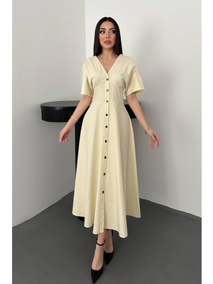 Moda Days Kadın Sarı Midi Boy Düğmeli V Yaka Kısa Kollu Bel Vurgulu Poplin Pamuk Elbise