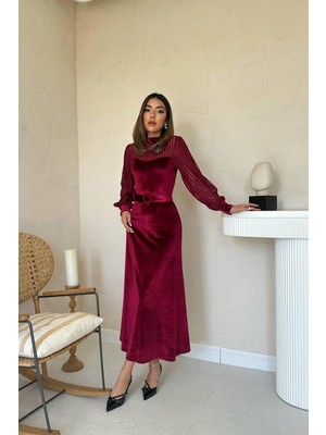 Moda Days Kadın Bordo Kadife Midi Elbise Dik Yaka Dantel Detaylı Kemerli Balon Kollu