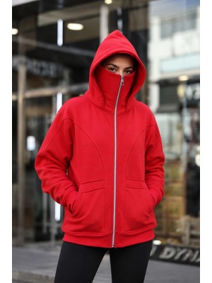 Asmedo Kadın Maskeli Ninja Model Çift Kapüşonlu 3 Iplik Şardonlu Fermuarlı Oversize Sweatshirt - Kı