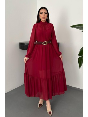 Moda Days Kadın Bordo Şifon Maxi Elbise Dik Yaka Uzun Kol Fırfırlı Kemerli