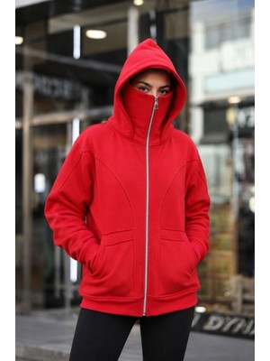 Mariposa Secret Kadın Maskeli Ninja Model Çift Kapüşonlu 3 Iplik Şardonlu Fermuarlı Oversize Sweatshirt - Kı