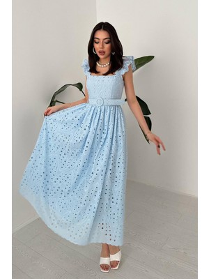 Moda Days Kadın Mavi Brode Işlemeli Kare Yaka Fırfır Kollu Kemerli Midi Elbise