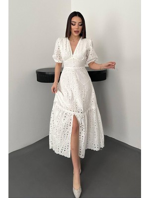 Moda Days Kadın Ekru Büzgü Detaylı Dantelli Brode Elbise