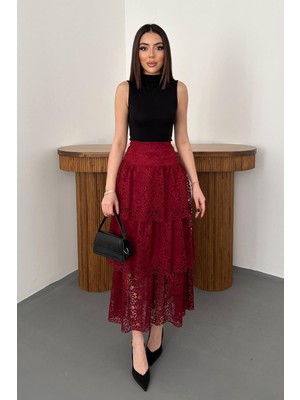 Moda Days Kadın Bordo Dantelli Kat Kat Midi Etek Yüksek Bel Çiçek Desenli Kloş