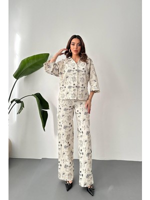 Moda Days Kadın Bej Gömlek-Pantolon Takım Nakışlı Gömlek Pantolon Takım Geniş Paça Pamuklu