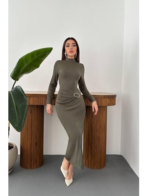 Moda Days Kadın Haki Elbise Tokalı Büzgü Detaylı Yarım Balıkçı Yaka Uzun Kollu Dar Maxi