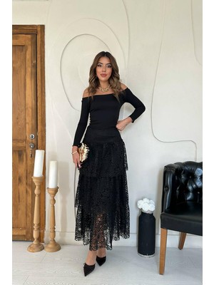 Moda Days Kadın Siyah Dantelli Kat Kat Midi Etek Yüksek Bel Çiçek Desenli Kloş