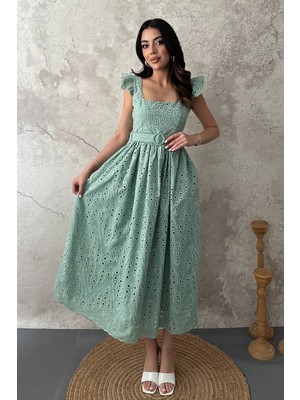 Moda Days Kadın Mint Brode Işlemeli Kare Yaka Fırfır Kollu Kemerli Midi Elbise