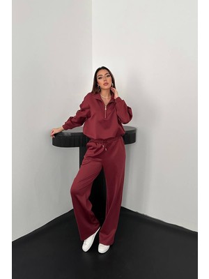 Moda Days Kadın Bordo Alt - Üst Takım Scuba Takım Yarım Fermuarlı Dik Yakalı Crop Üst Bağcıklı Geniş Paça