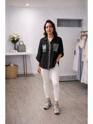 Mare Butik Pul Payet Cepli Saf Keten Gömlek Siyah