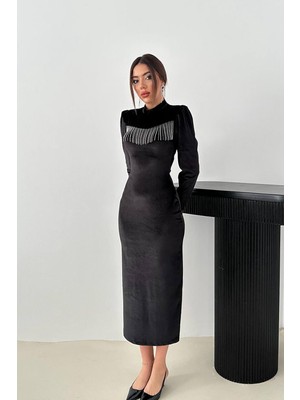Moda Days Kadın Siyah Elbise Kadife Taş Püskül Detaylı Dik Yaka Uzun Kollu Midi Bodycon