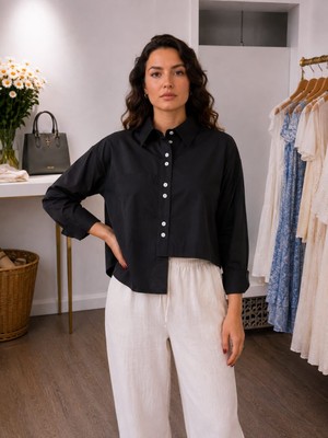 Mare Butik Asimetrik Kesim Poplin Kumaş Siyah Crop Gömlek L