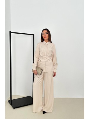 Moda Days Kadın Bej Ikili Takım Gömlek Yaka Kuşaklı Geniş Paça Düz Dokuma Uzun Kollu