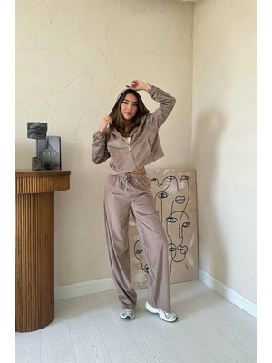 Moda Days Kadın Camel Alt - Üst Takım Ince Kadife Kapüşonlu Fermuarlı Bağcıklı Geniş Paça Pantolonlu Takım