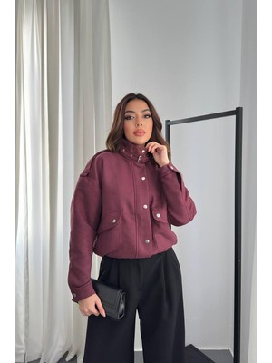 Moda Days Kadın Bordo Dik Yakalı Kısa Süet Görünümlü Çıtçıtlı Cep Detaylı Ceket