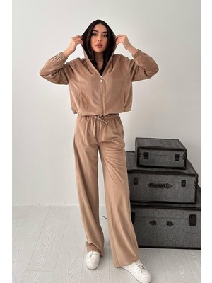 Moda Days Kadın Bej Alt - Üst Takım Ince Kadife Kapüşonlu Fermuarlı Bağcıklı Geniş Paça Pantolonlu Takım