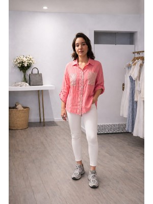 Mare Butik Pul Payet Cepli Saf Keten Gömlek Pembe