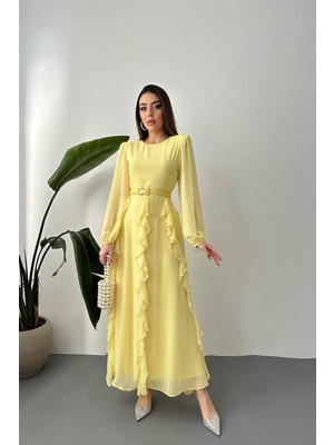 Moda Days Kadın Sarı Şifon Maxi Elbise Bisiklet Yaka Kemerli Fırfırlı Uzun Balon Kollu