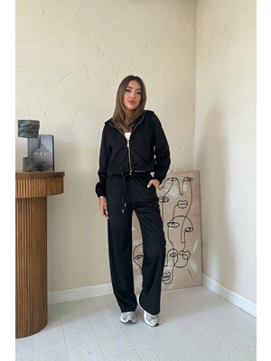 Moda Days Kadın Siyah Alt - Üst Takım Ince Kadife Kapüşonlu Fermuarlı Bağcıklı Geniş Paça Pantolonlu Takım