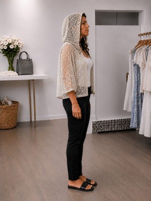 Mare Butik Kapüşonlu Pul Payet File Ceket M - Krem